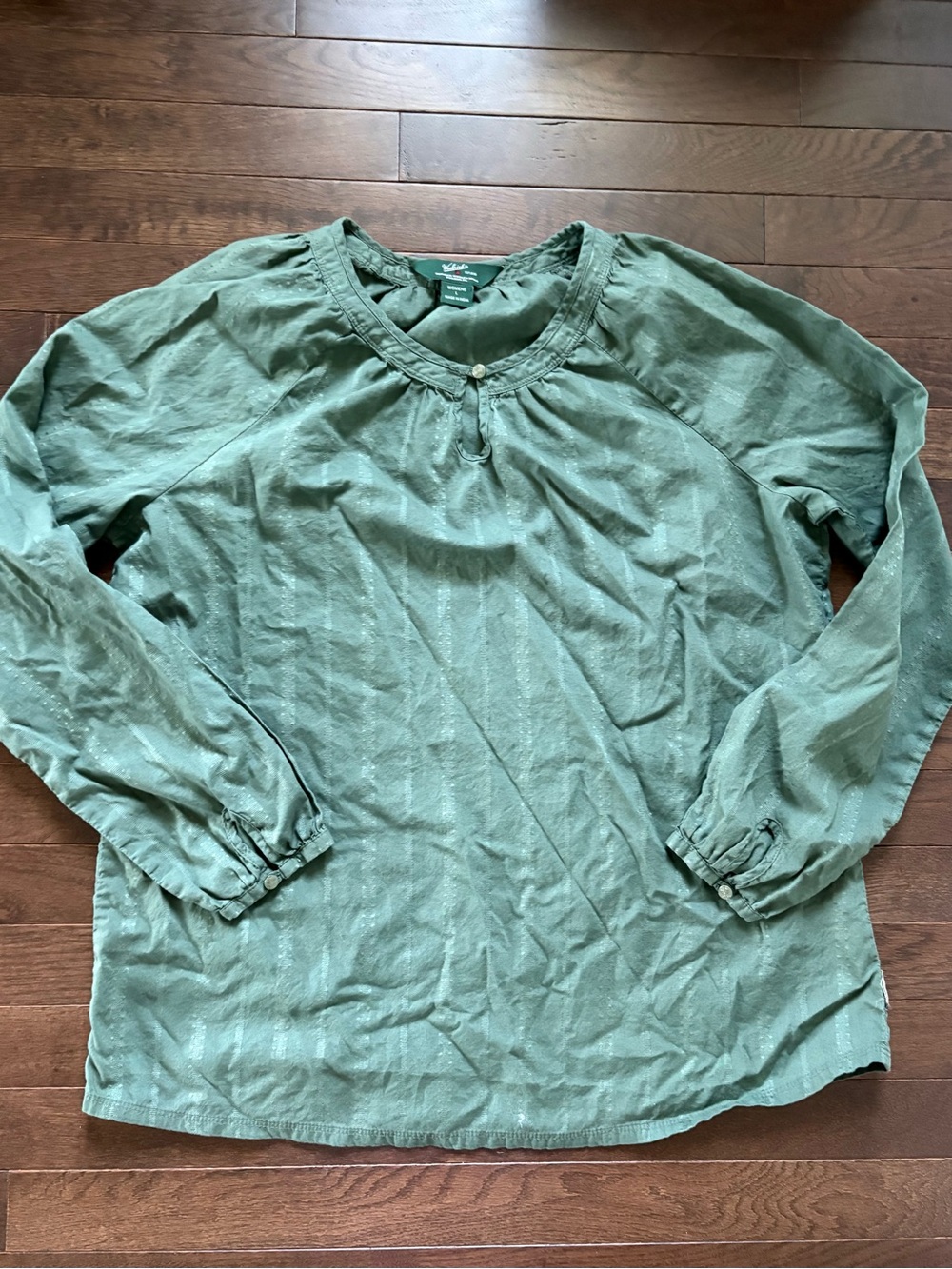 Woolrich Sage Green 100% Cotton Textured Stripe Keyhole Blouse Top L Boho